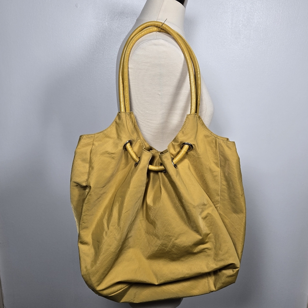 HOBO International Mustard Yellow Slouchy Nylon Tote Leather Strap Purse EUC